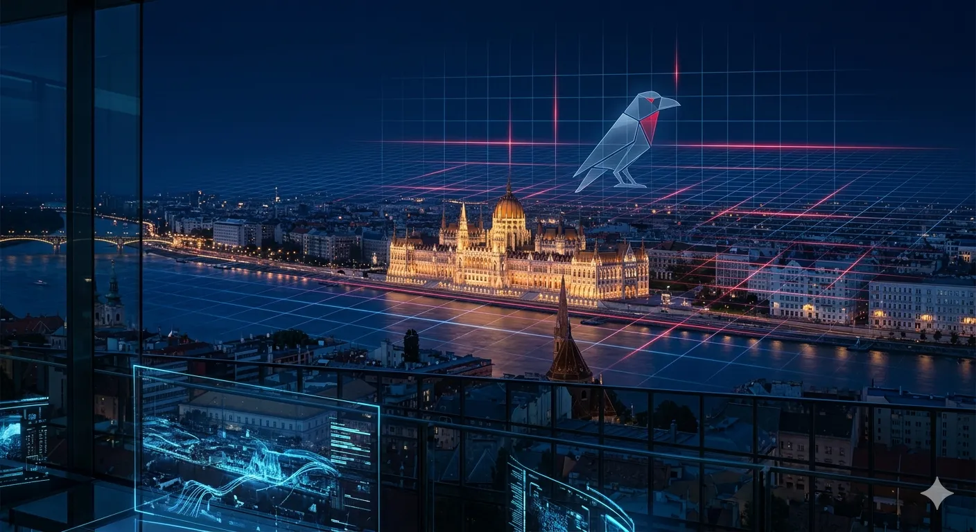 Budapest éjjel: az Országház és a redRAVEN felügyeleti rács